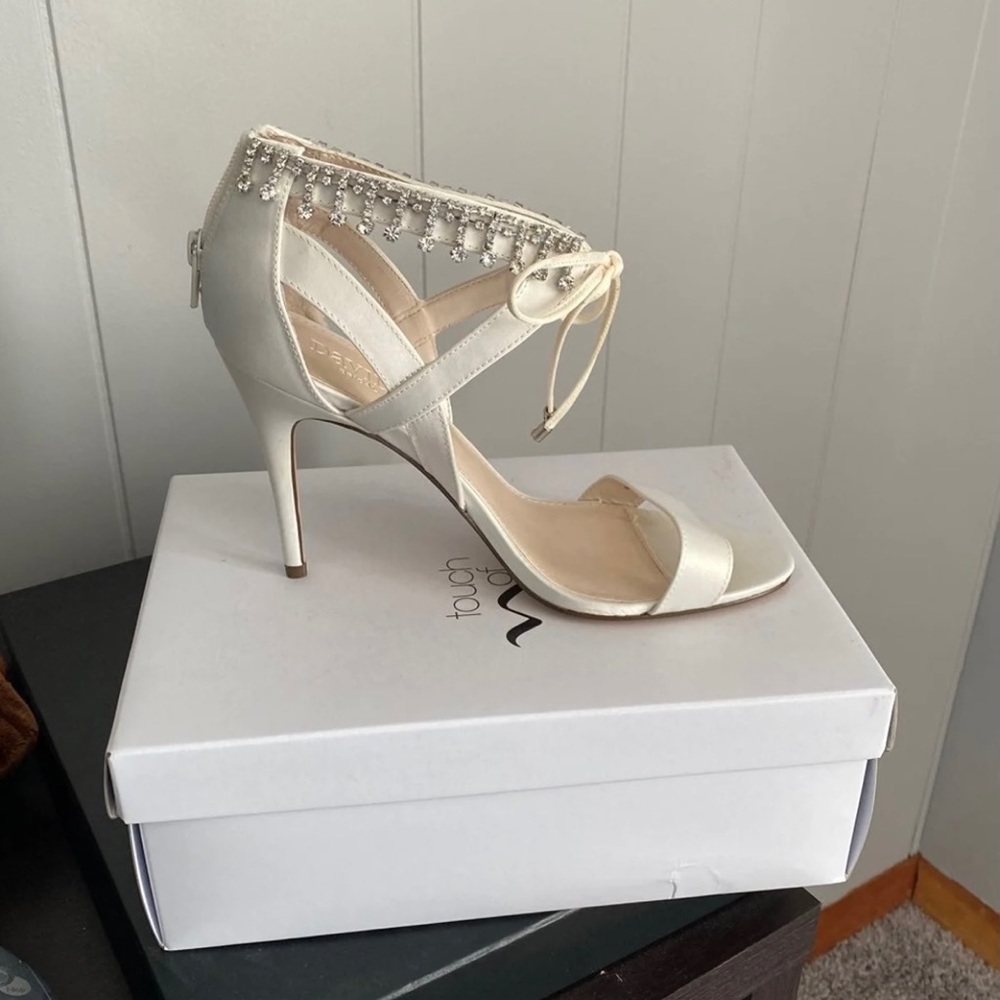 Embellished ankle tie heels